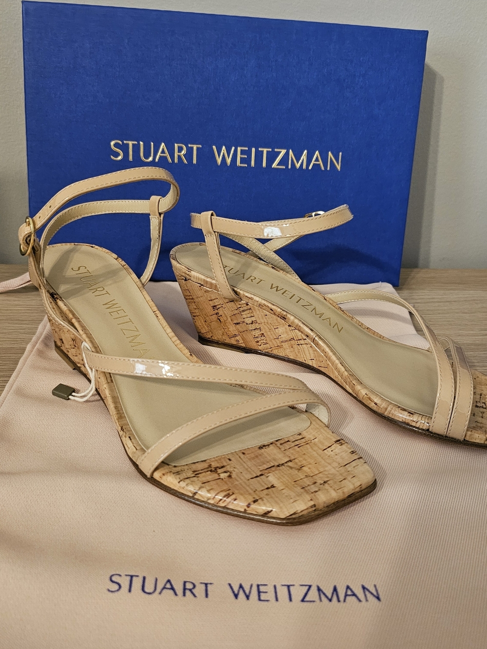 Stuart Weitzman Nude Patent Cork Wedge Sandals